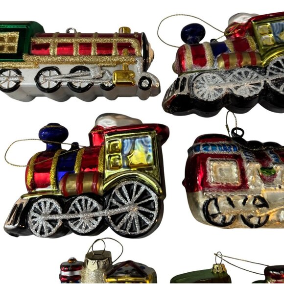 Glass Train Railroad Ornaments Set Of 12 Multicolor Hand-Painted Holiday Decor V - Picture 10 of 10